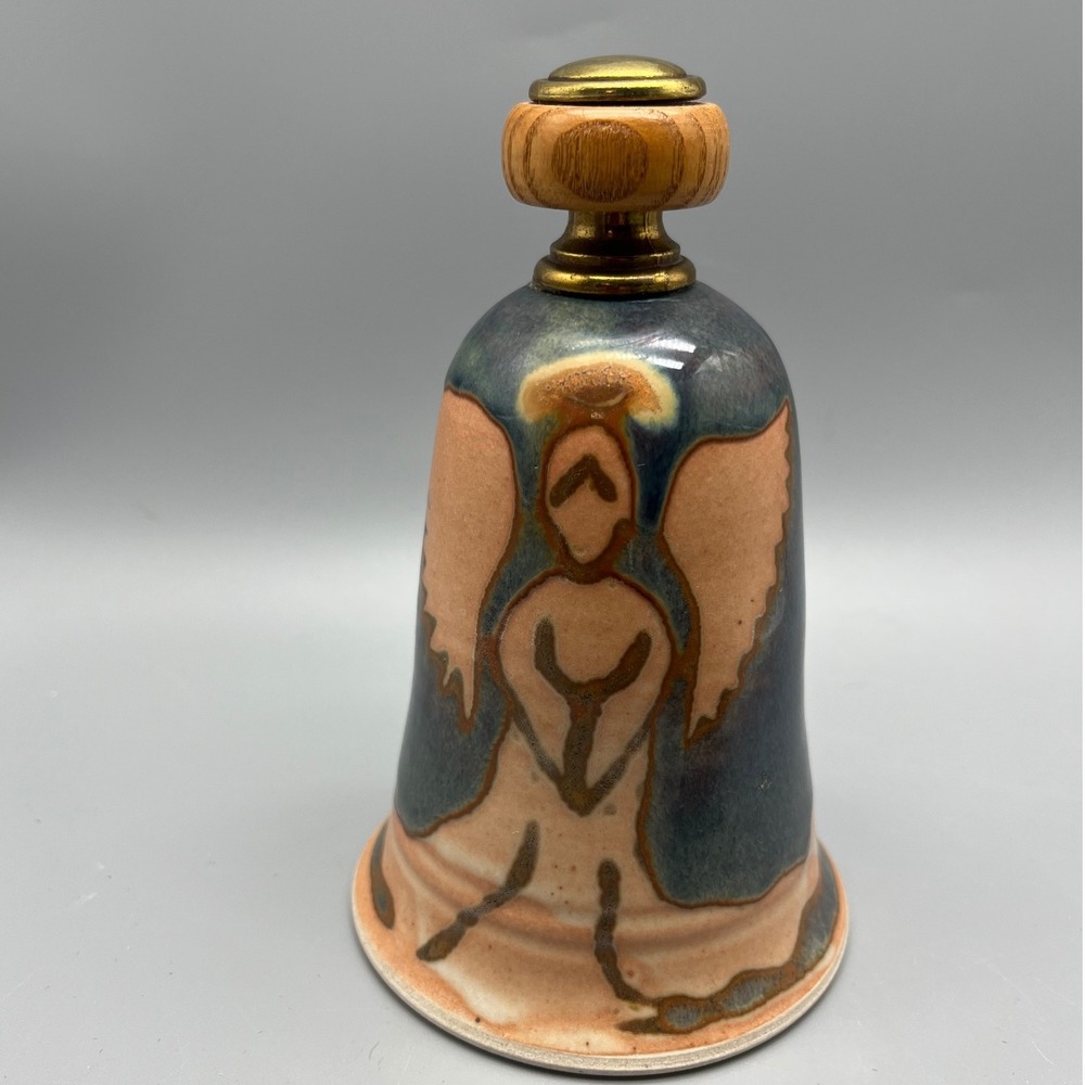 Vintage Stoneware Drip Glaze‎ Bell Angle pottery signed Brass wood handle